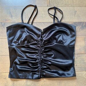 Chic Black Satin Ruched Crop Top